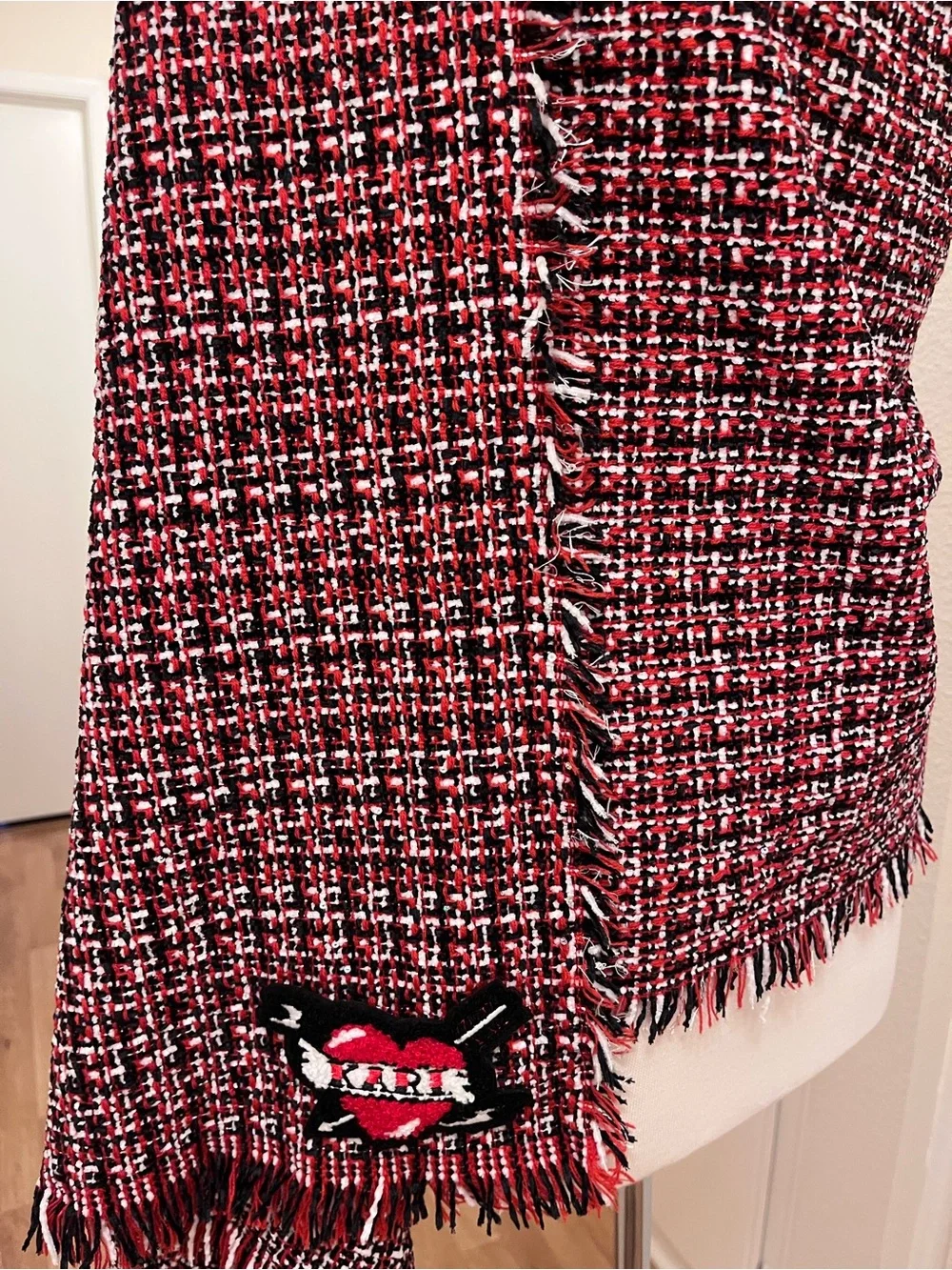 NWT Karl Lagerfeld Tweed Fringe Shawl - Red, White & Black with KARL Heart Patch